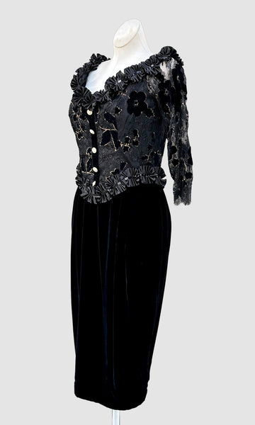 ZANDRA RHODES London Black Velvet 80s Dress • Small