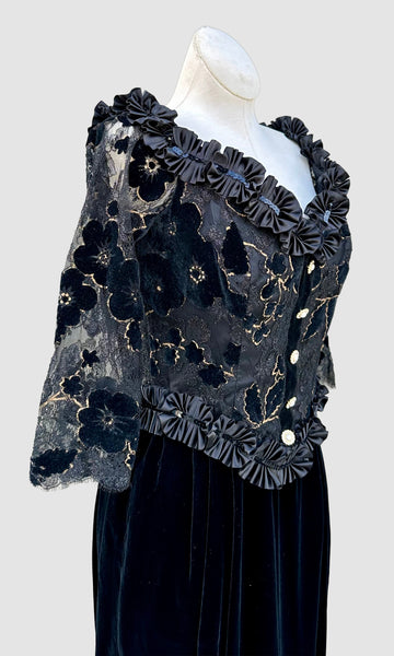 ZANDRA RHODES London Black Velvet 80s Dress • Small