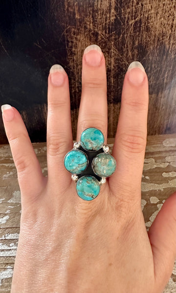 QUADRUPLET TURQUOISE CLUSTER Silver Ring • Size 8 1/4