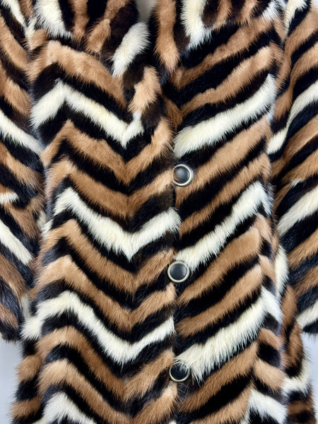 PATTERN PLAY 70s Chevron Pattern Patchwork  Mink Coat • Small