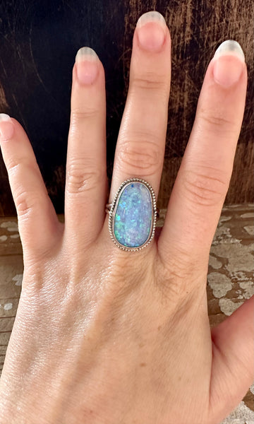 OPAL MOON BEAM Sterling Silver and Lab Opal Ring • Size 8