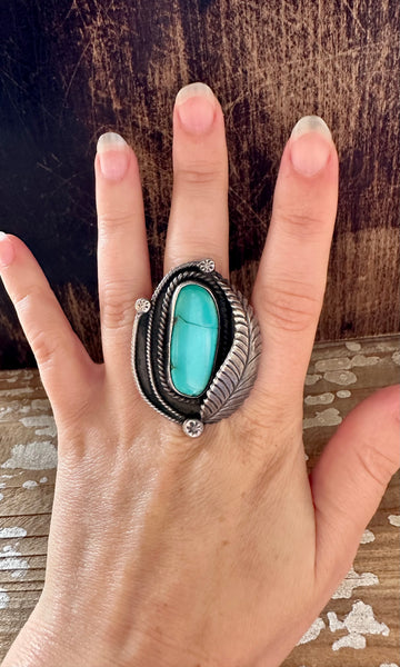 TWISTED FEATHER Silver & Turquoise Ring • Size 7 1/4