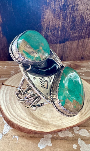 TWO FEATHERS Sandy Sangster Huge Navajo  Silver and Turquoise Cuff