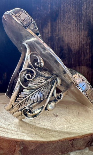 TWO FEATHERS Sandy Sangster Huge Navajo  Silver and Turquoise Cuff