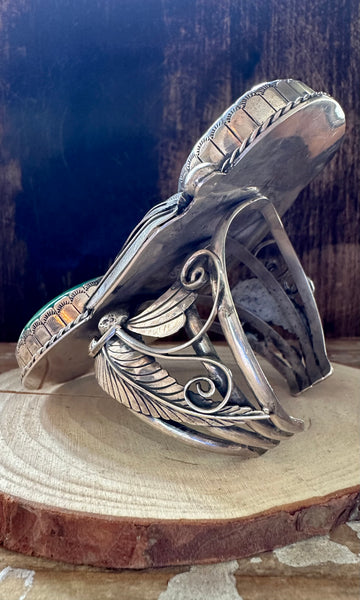 TWO FEATHERS Sandy Sangster Huge Navajo  Silver and Turquoise Cuff