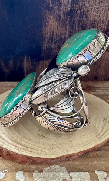 TWO FEATHERS Sandy Sangster Huge Navajo  Silver and Turquoise Cuff