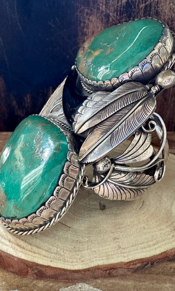 TWO FEATHERS Sandy Sangster Huge Navajo  Silver and Turquoise Cuff