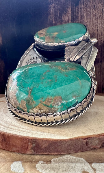 TWO FEATHERS Sandy Sangster Huge Navajo  Silver and Turquoise Cuff