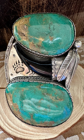 TWO FEATHERS Sandy Sangster Huge Navajo  Silver and Turquoise Cuff