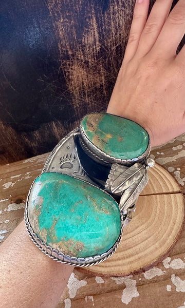 TWO FEATHERS Sandy Sangster Huge Navajo  Silver and Turquoise Cuff