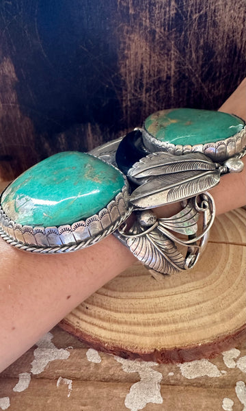 TWO FEATHERS Sandy Sangster Huge Navajo  Silver and Turquoise Cuff