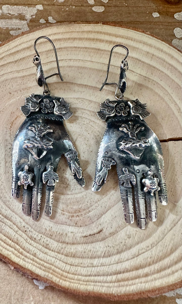 HANDS ON Federico Jimenez Mexican Silver Protective Hands Earrings