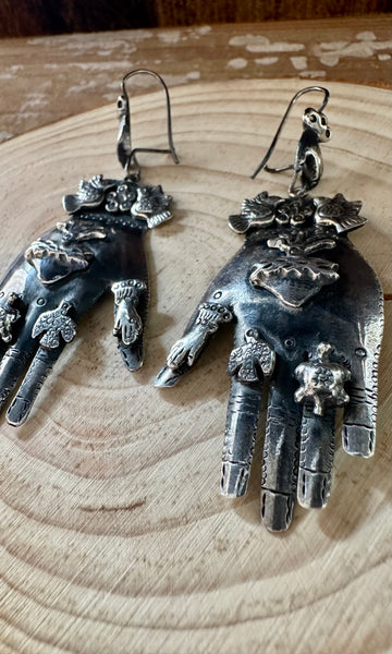 HANDS ON Federico Jimenez Mexican Silver Protective Hands Earrings