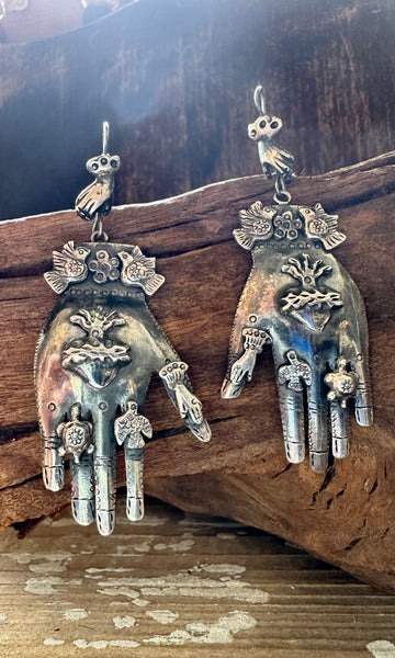 HANDS ON Federico Jimenez Mexican Silver Protective Hands Earrings