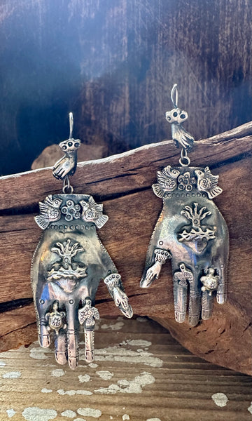 HANDS ON Federico Jimenez Mexican Silver Protective Hands Earrings