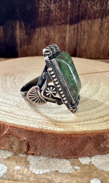 CACTUS GREEN Square Green Turquoise Sterling Ring • Size 13