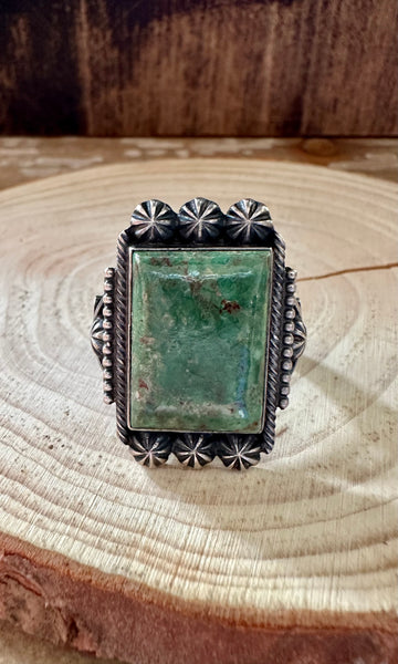 CACTUS GREEN Square Green Turquoise Sterling Ring • Size 13