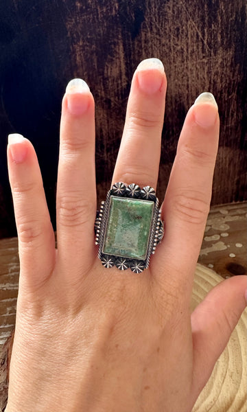 CACTUS GREEN Square Green Turquoise Sterling Ring • Size 13