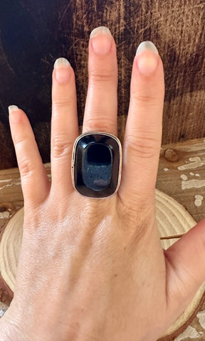 SQUARE BLACK ONYX Mexican Silver Ring • Size 6 1/4