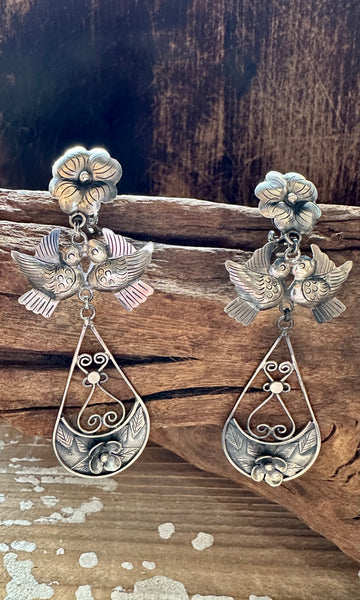 FEDERICO FLOWER LOVEBIRDS Mexican Silver Earrings