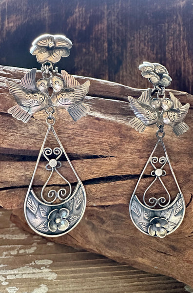 FEDERICO FLOWER LOVEBIRDS Mexican Silver Earrings