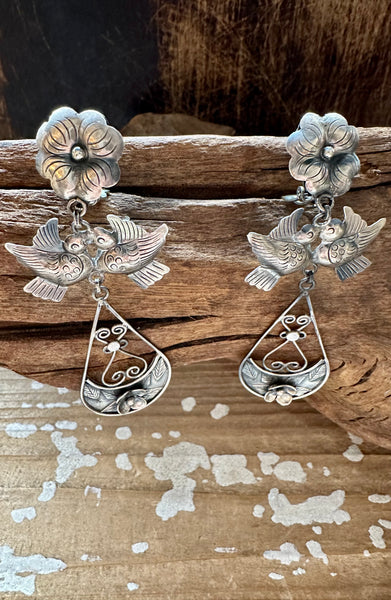 FEDERICO FLOWER LOVEBIRDS Mexican Silver Earrings