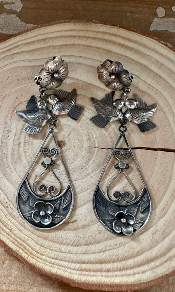 FEDERICO FLOWER LOVEBIRDS Mexican Silver Earrings