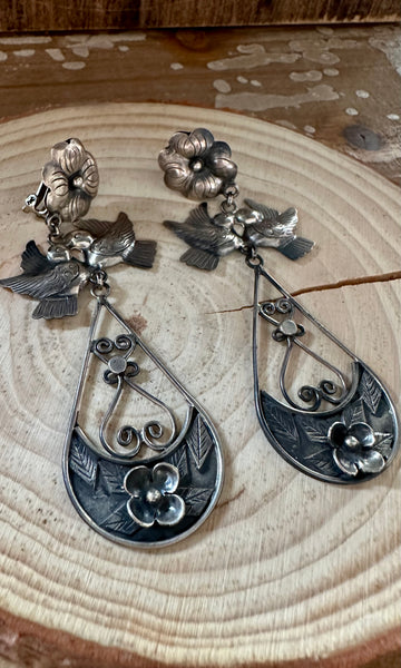 FEDERICO FLOWER LOVEBIRDS Mexican Silver Earrings