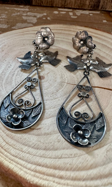 FEDERICO FLOWER LOVEBIRDS Mexican Silver Earrings