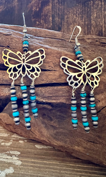 TURQUOISE BEADED BUTTERFLIES Sterling Silver Dangle Earrings