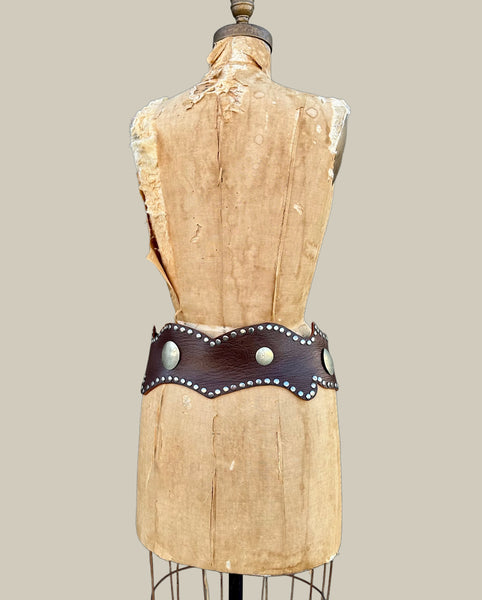 MOROCCAN BELT Scalloped Thick Brown Leather Belt, Silver-Toned Metal Hammered Disks