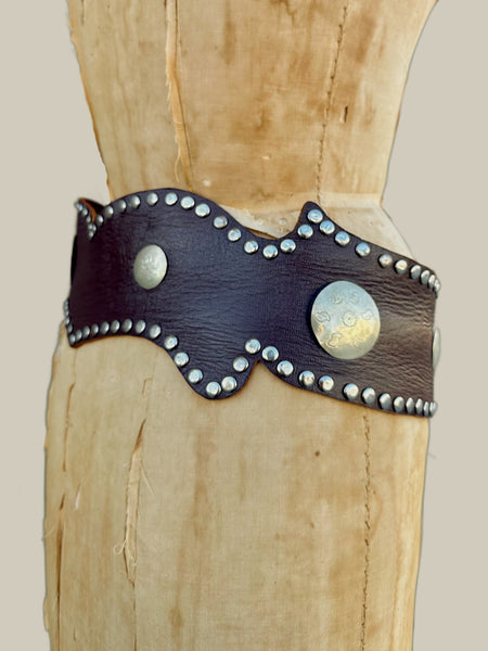 MOROCCAN BELT Scalloped Thick Brown Leather Belt, Silver-Toned Metal Hammered Disks