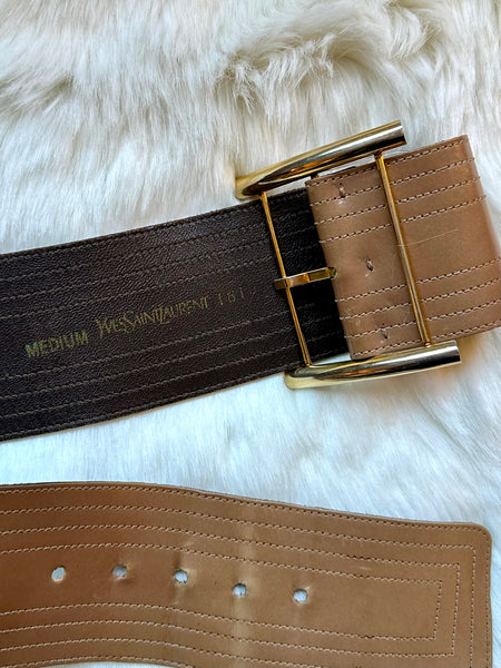 YVES SAINT LAURENT Thick Tan And Brown Leather Belt
