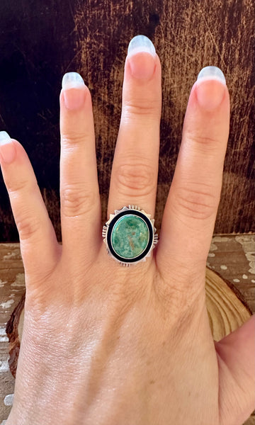 GREEN SHADOWBOX Skeets Silver & Turquoise Ring • Size 6 1/2