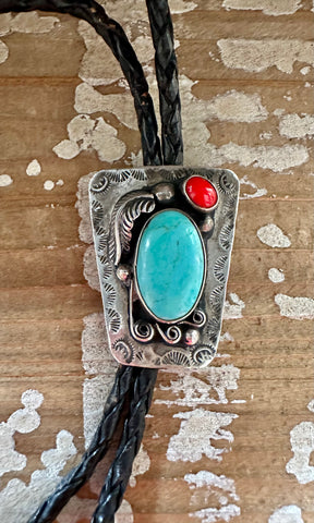 VINTAGE FEATHER FRAME Turquoise & Coral Bolo Tie w/ Leather Cord