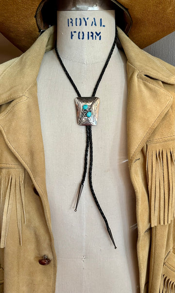 SILVER TURQUOISE TWINS Bolo Tie w/ Leather Cord