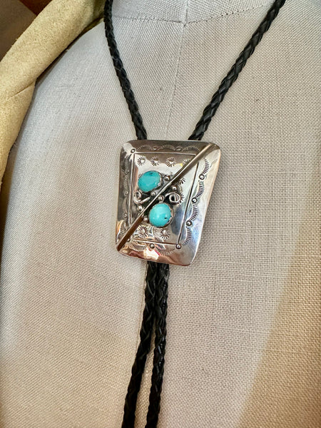 SILVER TURQUOISE TWINS Bolo Tie w/ Leather Cord