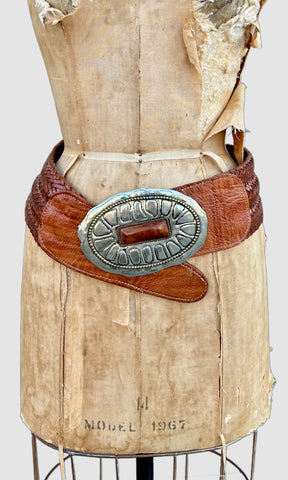 MOROCCAN BELT Large Thick Brown Braided Leather Belt, Silver-Toned Metal, Wood