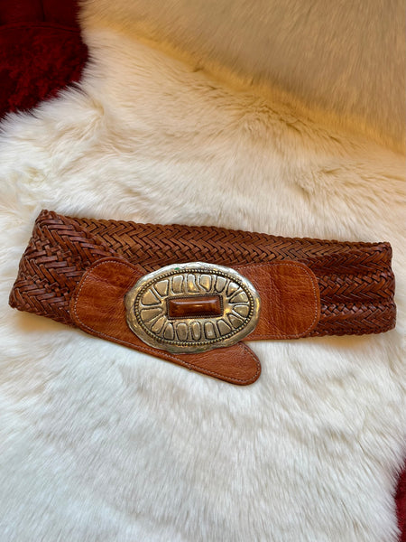 MOROCCAN BELT Large Thick Brown Braided Leather Belt, Silver-Toned Metal, Wood