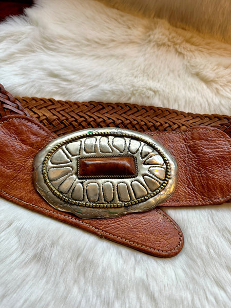 MOROCCAN BELT Large Thick Brown Braided Leather Belt, Silver-Toned Metal, Wood