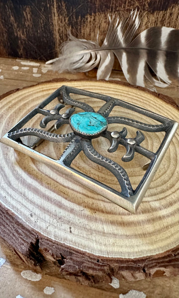 BUCKLE UP Silver and Turquoise Large Belt Buckle