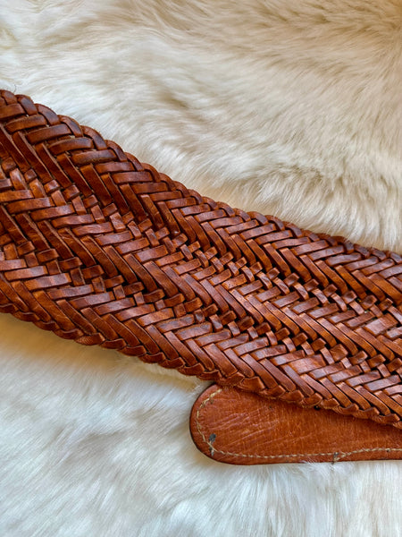 MOROCCAN BELT Large Thick Brown Braided Leather Belt, Silver-Toned Metal, Wood
