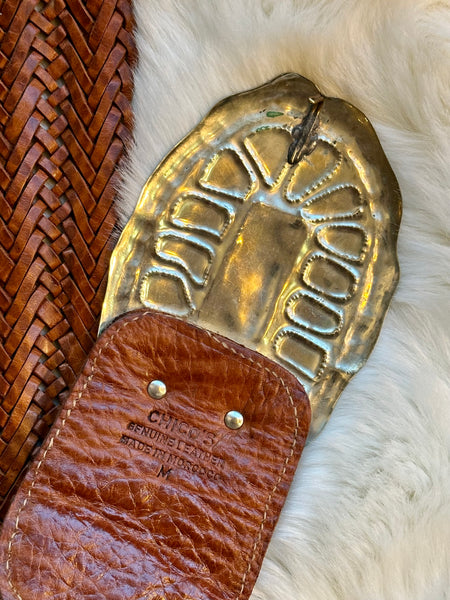 MOROCCAN BELT Large Thick Brown Braided Leather Belt, Silver-Toned Metal, Wood
