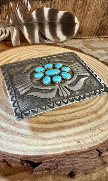 DONOVAN KINSEL Silver and Turquoise Large Belt Buckle