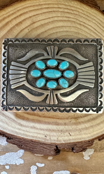 DONOVAN KINSEL Silver and Turquoise Large Belt Buckle