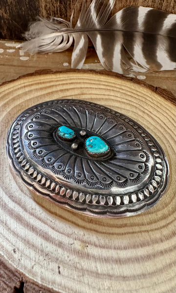 VINTAGE ROUNDABOUT Silver Nickel and Turquoise Large Belt Buckle