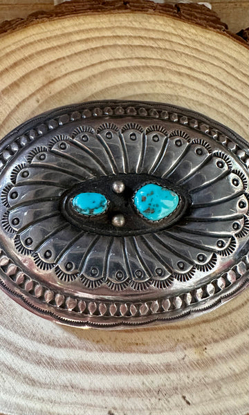 VINTAGE ROUNDABOUT Silver Nickel and Turquoise Large Belt Buckle