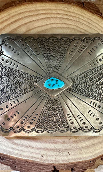 VINTAGE PEACOCK Silver Nickel and Turquoise Large Belt Buckle