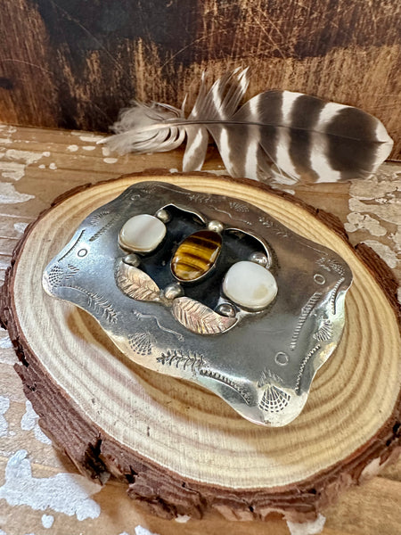 ABALONE TIGERS EYE Silver Nickel Large Belt Buckle