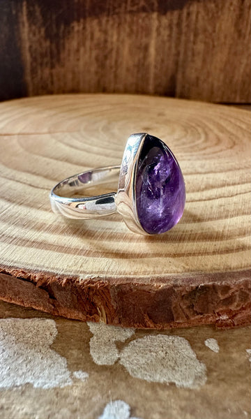 ROUND TEARDROP Amethyst Sterling Silver Ring • Size 8